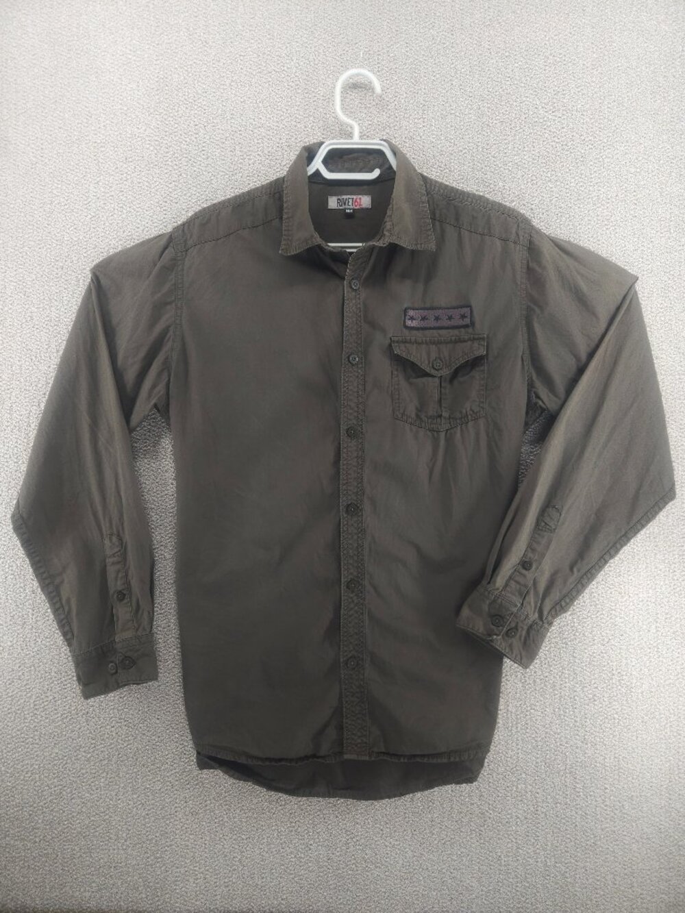 Rivet 61 Military-Style Button-Down Shirt — Olive Green, Size M
